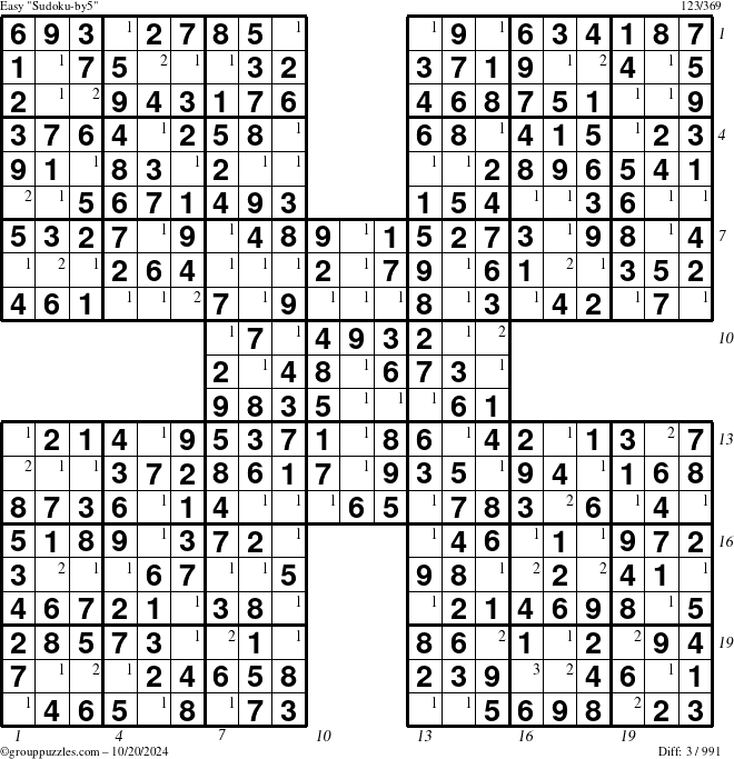 The grouppuzzles.com Easy Sudoku-by5 puzzle for Sunday October 20, 2024, suitable for printing, with all 3 steps marked