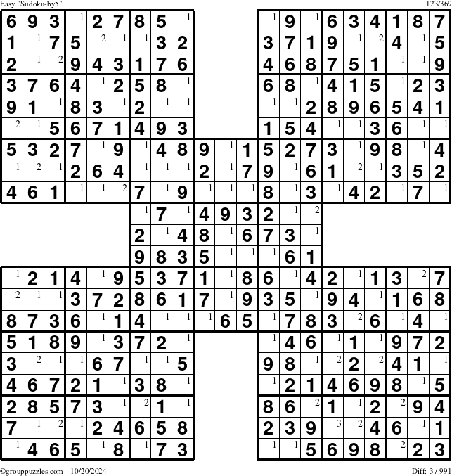 The grouppuzzles.com Easy Sudoku-by5 puzzle for Sunday October 20, 2024 with the first 3 steps marked