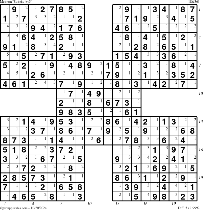 The grouppuzzles.com Medium Sudoku-by5 puzzle for Sunday October 20, 2024 with all 5 steps marked