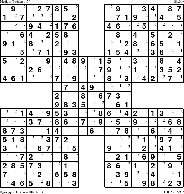 The grouppuzzles.com Medium Sudoku-by5 puzzle for Sunday October 20, 2024 with the first 3 steps marked