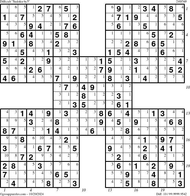 The grouppuzzles.com Difficult Sudoku-by5 puzzle for Sunday October 20, 2024 with all 10 steps marked