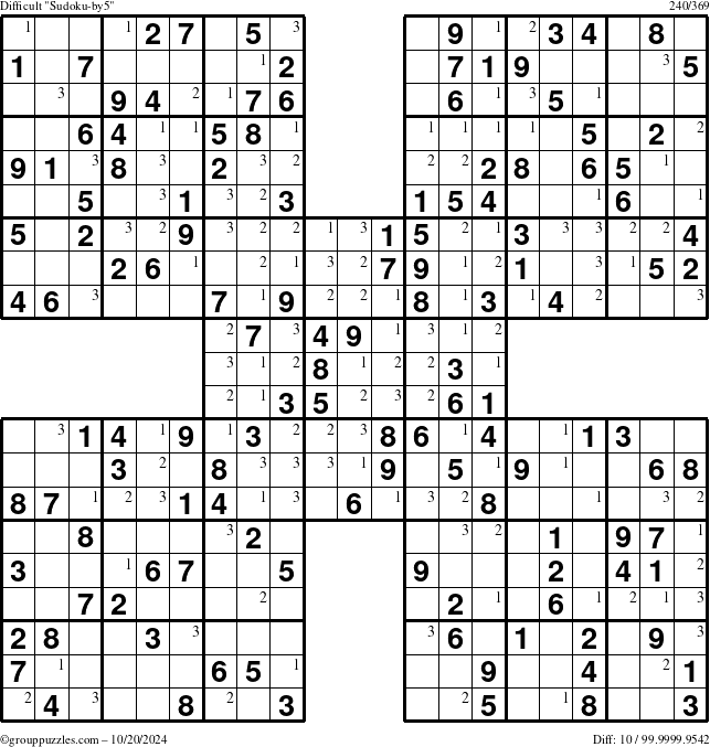 The grouppuzzles.com Difficult Sudoku-by5 puzzle for Sunday October 20, 2024 with the first 3 steps marked