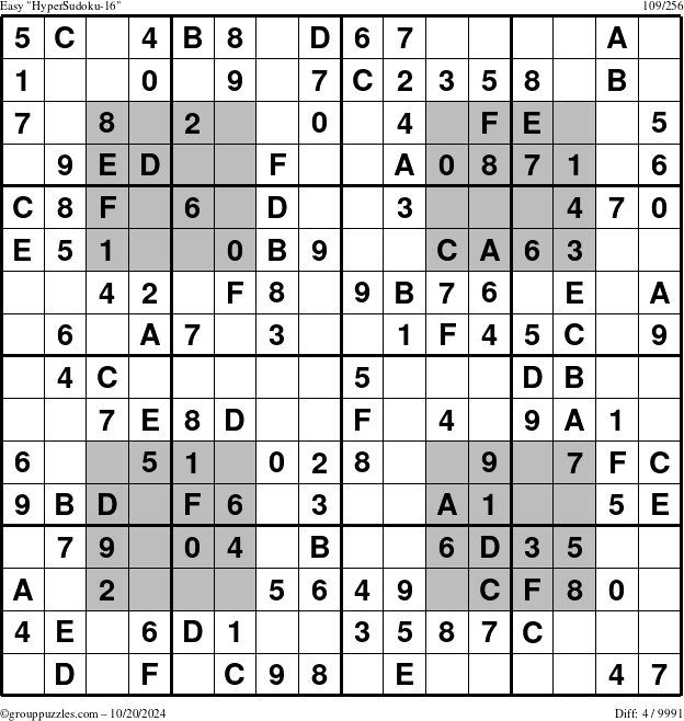 The grouppuzzles.com Easy HyperSudoku-16 puzzle for Sunday October 20, 2024