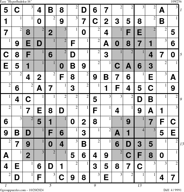 The grouppuzzles.com Easy HyperSudoku-16 puzzle for Sunday October 20, 2024 with all 4 steps marked