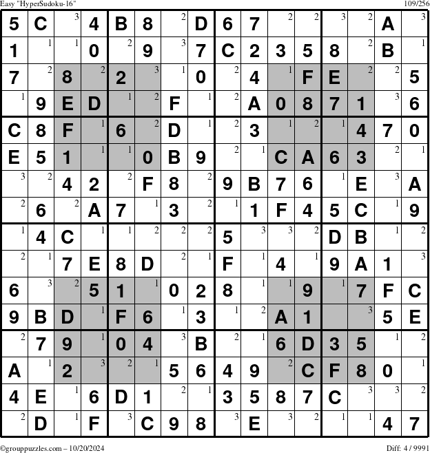 The grouppuzzles.com Easy HyperSudoku-16 puzzle for Sunday October 20, 2024 with the first 3 steps marked