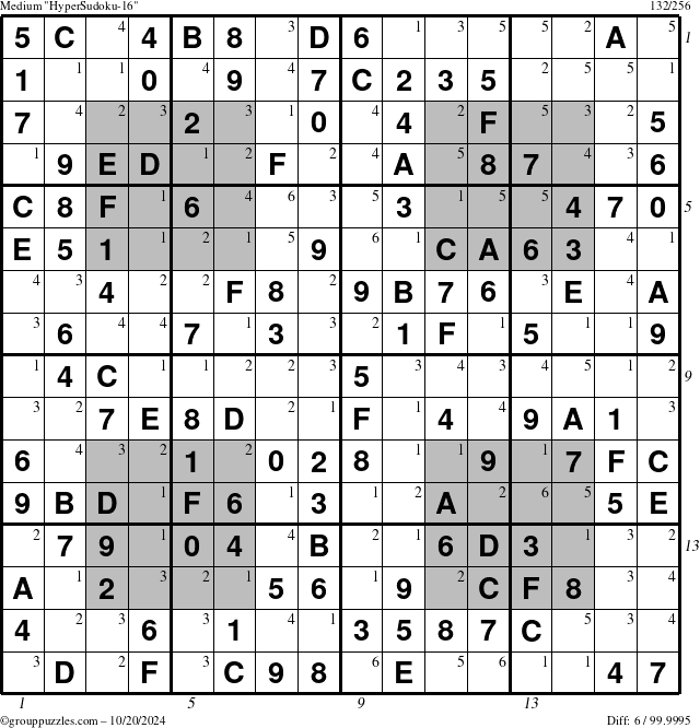 The grouppuzzles.com Medium HyperSudoku-16 puzzle for Sunday October 20, 2024 with all 6 steps marked