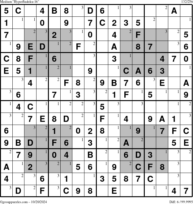 The grouppuzzles.com Medium HyperSudoku-16 puzzle for Sunday October 20, 2024 with the first 3 steps marked