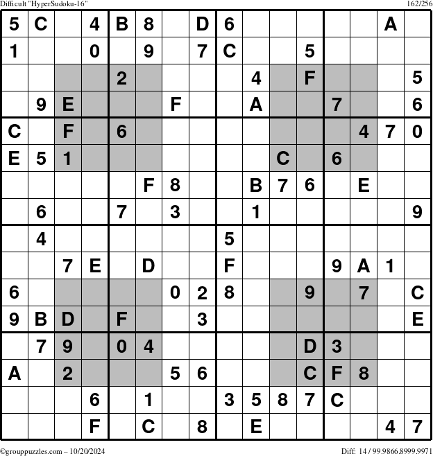 The grouppuzzles.com Difficult HyperSudoku-16 puzzle for Sunday October 20, 2024