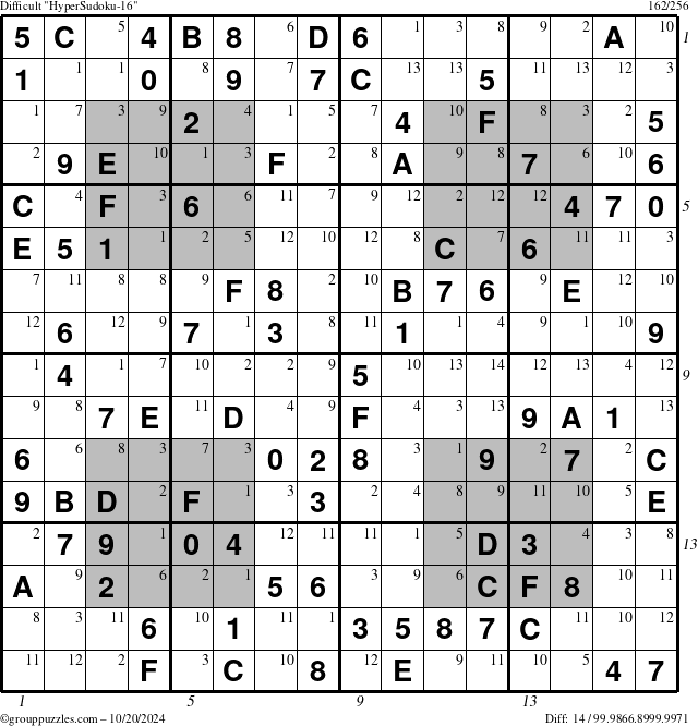 The grouppuzzles.com Difficult HyperSudoku-16 puzzle for Sunday October 20, 2024, suitable for printing, with all 14 steps marked