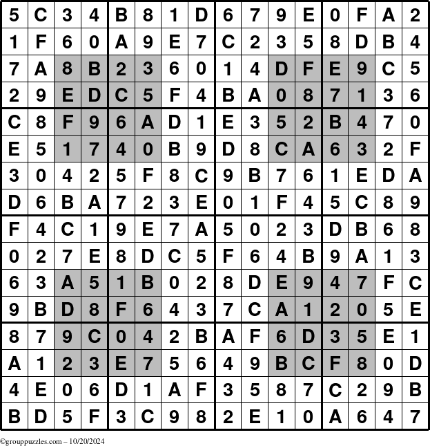 The grouppuzzles.com Answer grid for the HyperSudoku-16 puzzle for Sunday October 20, 2024