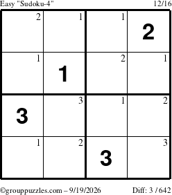 The grouppuzzles.com Easy Sudoku-4 puzzle for Saturday September 19, 2026 with the first 3 steps marked