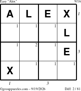 The grouppuzzles.com Easy Alex puzzle for Saturday September 19, 2026 with all 2 steps marked
