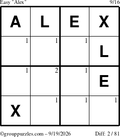 The grouppuzzles.com Easy Alex puzzle for Saturday September 19, 2026 with the first 2 steps marked