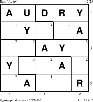 The grouppuzzles.com Easy Audry puzzle for Saturday September 19, 2026 with all 3 steps marked