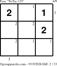 The grouppuzzles.com Easy TicTac-123 puzzle for Saturday September 19, 2026, suitable for printing, with all 2 steps marked