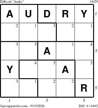 The grouppuzzles.com Difficult Audry puzzle for Saturday September 19, 2026 with all 4 steps marked