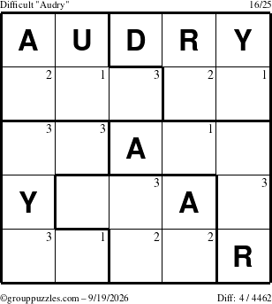 The grouppuzzles.com Difficult Audry puzzle for Saturday September 19, 2026 with the first 3 steps marked