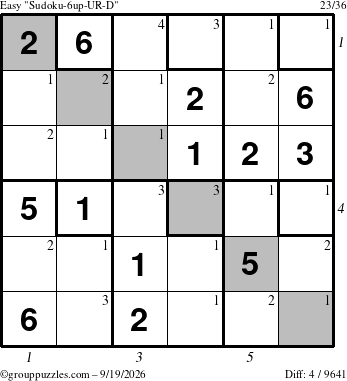 The grouppuzzles.com Easy Sudoku-6up-UR-D puzzle for Saturday September 19, 2026 with all 4 steps marked