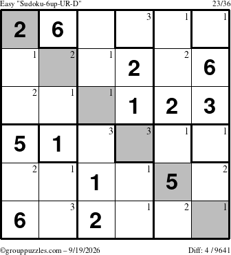 The grouppuzzles.com Easy Sudoku-6up-UR-D puzzle for Saturday September 19, 2026 with the first 3 steps marked
