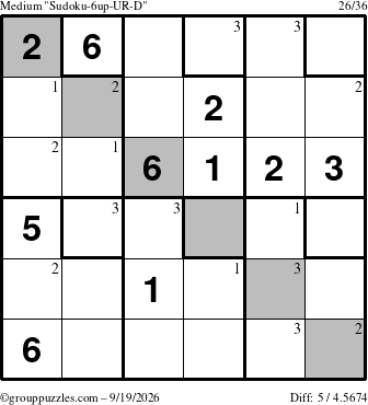 The grouppuzzles.com Medium Sudoku-6up-UR-D puzzle for Saturday September 19, 2026 with the first 3 steps marked