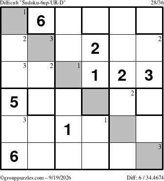 The grouppuzzles.com Difficult Sudoku-6up-UR-D puzzle for Saturday September 19, 2026 with the first 3 steps marked