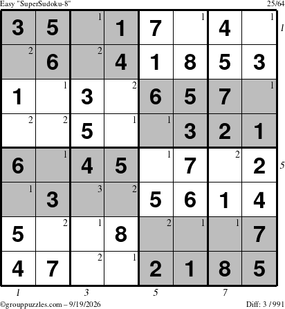 The grouppuzzles.com Easy SuperSudoku-8 puzzle for Saturday September 19, 2026, suitable for printing, with all 3 steps marked
