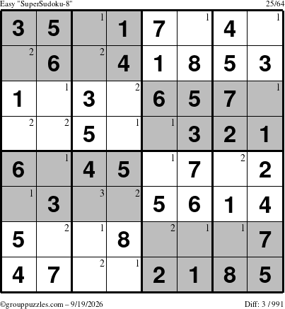 The grouppuzzles.com Easy SuperSudoku-8 puzzle for Saturday September 19, 2026 with the first 3 steps marked