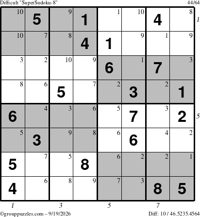The grouppuzzles.com Difficult SuperSudoku-8 puzzle for Saturday September 19, 2026, suitable for printing, with all 10 steps marked