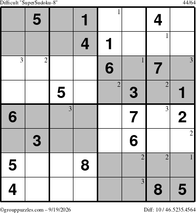 The grouppuzzles.com Difficult SuperSudoku-8 puzzle for Saturday September 19, 2026 with the first 3 steps marked