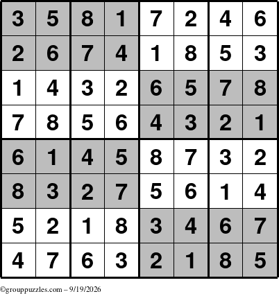 The grouppuzzles.com Answer grid for the SuperSudoku-8 puzzle for Saturday September 19, 2026