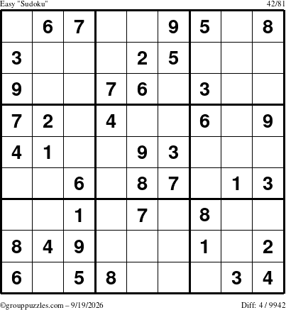 The grouppuzzles.com Easy Sudoku puzzle for Saturday September 19, 2026