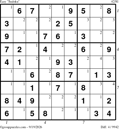 The grouppuzzles.com Easy Sudoku puzzle for Saturday September 19, 2026 with all 4 steps marked