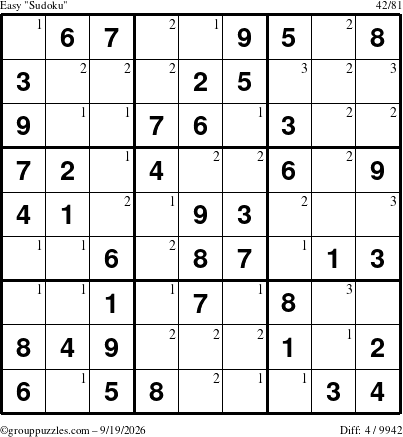 The grouppuzzles.com Easy Sudoku puzzle for Saturday September 19, 2026 with the first 3 steps marked