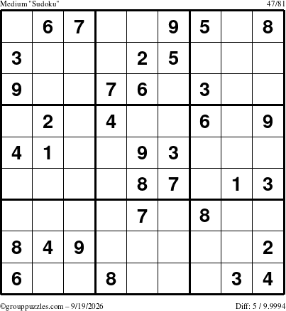 The grouppuzzles.com Medium Sudoku puzzle for Saturday September 19, 2026