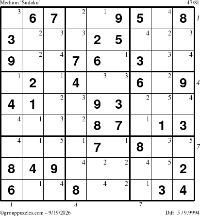 The grouppuzzles.com Medium Sudoku puzzle for Saturday September 19, 2026 with all 5 steps marked