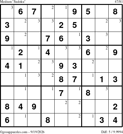 The grouppuzzles.com Medium Sudoku puzzle for Saturday September 19, 2026 with the first 3 steps marked