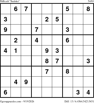 The grouppuzzles.com Difficult Sudoku puzzle for Saturday September 19, 2026