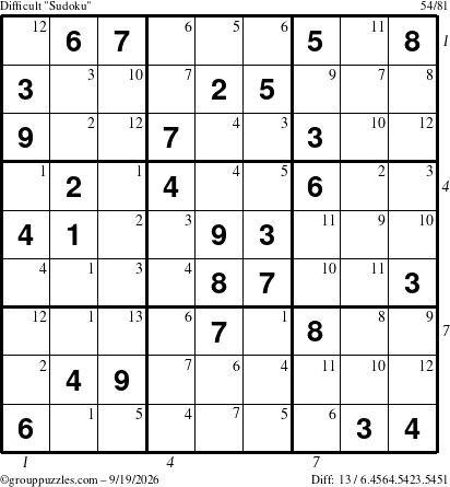 The grouppuzzles.com Difficult Sudoku puzzle for Saturday September 19, 2026 with all 13 steps marked