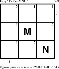The grouppuzzles.com Easy TicTac-MNO puzzle for Saturday September 19, 2026 with all 2 steps marked