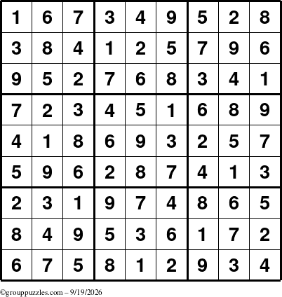 The grouppuzzles.com Answer grid for the Sudoku puzzle for Saturday September 19, 2026