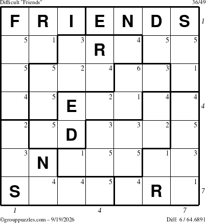 The grouppuzzles.com Difficult Friends puzzle for Saturday September 19, 2026 with all 6 steps marked