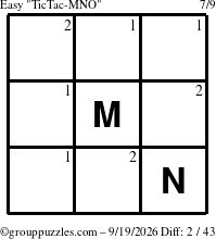 The grouppuzzles.com Easy TicTac-MNO puzzle for Saturday September 19, 2026 with the first 2 steps marked