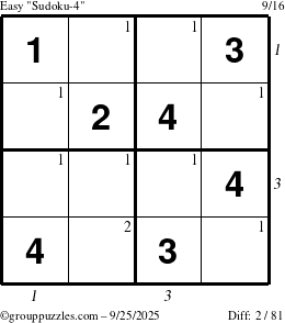 The grouppuzzles.com Easy Sudoku-4 puzzle for Thursday September 25, 2025 with all 2 steps marked
