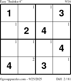 The grouppuzzles.com Easy Sudoku-4 puzzle for Thursday September 25, 2025 with the first 2 steps marked