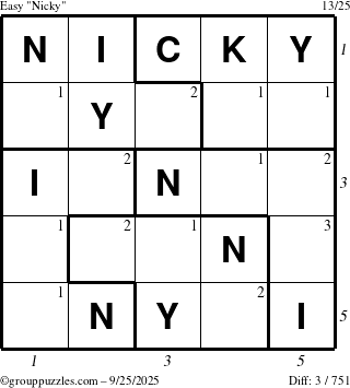 The grouppuzzles.com Easy Nicky puzzle for Thursday September 25, 2025, suitable for printing, with all 3 steps marked