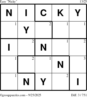The grouppuzzles.com Easy Nicky puzzle for Thursday September 25, 2025 with the first 3 steps marked