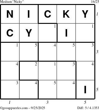 The grouppuzzles.com Medium Nicky puzzle for Thursday September 25, 2025, suitable for printing, with all 5 steps marked