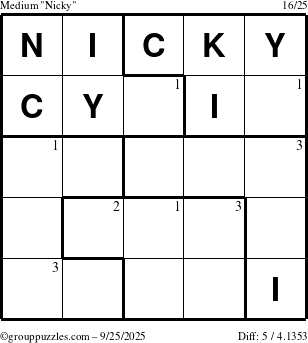 The grouppuzzles.com Medium Nicky puzzle for Thursday September 25, 2025 with the first 3 steps marked