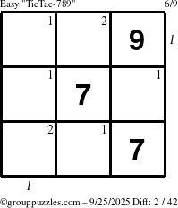 The grouppuzzles.com Easy TicTac-789 puzzle for Thursday September 25, 2025, suitable for printing, with all 2 steps marked