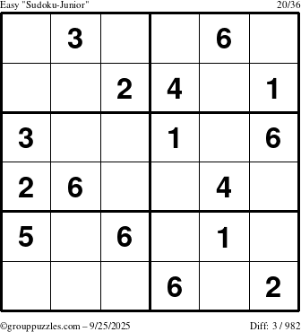 The grouppuzzles.com Easy Sudoku-Junior puzzle for Thursday September 25, 2025